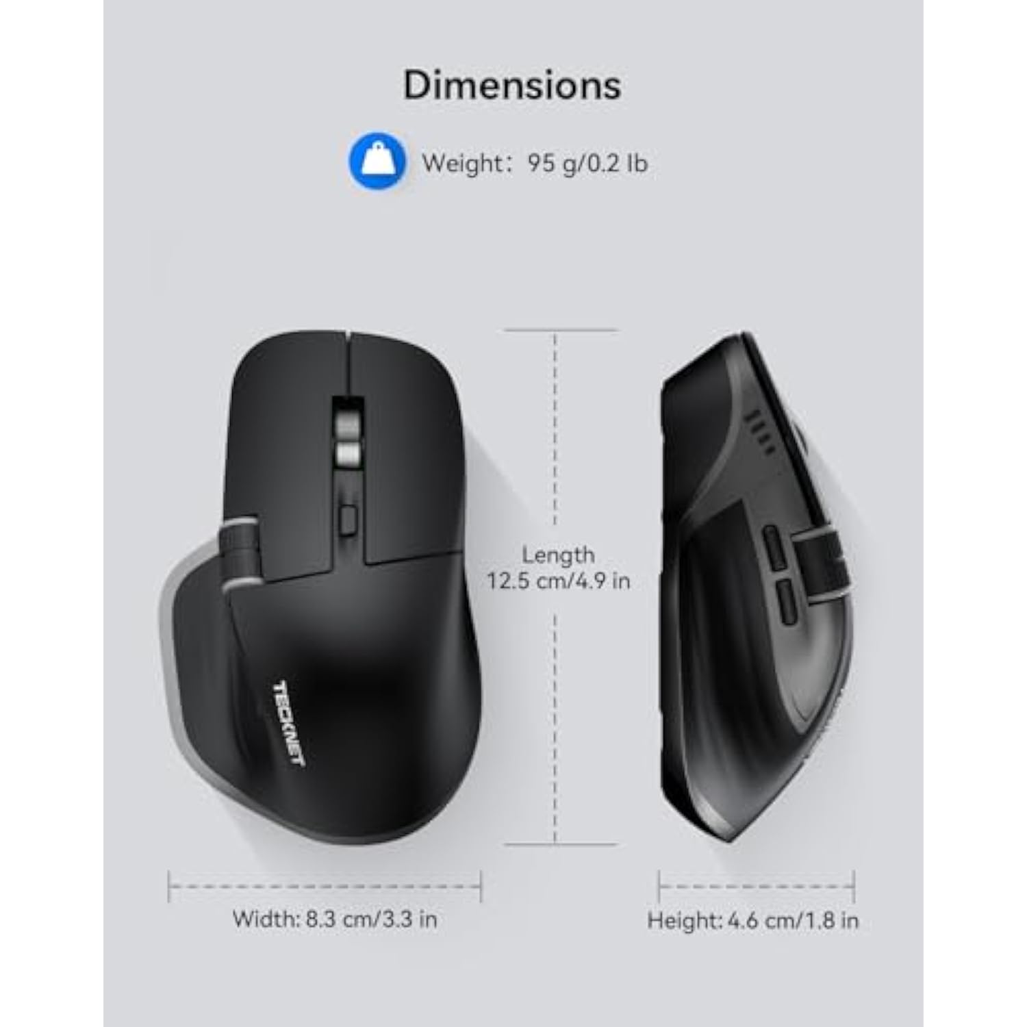 TECKNET Wireless Mouse, Bluetooth Mouse (BT5.0/5.0 & 2.4G) Rechargeable 4800 DPI Ergonomic Optical Mouse with 6 Adjustable, Quiet Clicks, USB A Receiver, 7 Buttons, Wide Compatibility - Black