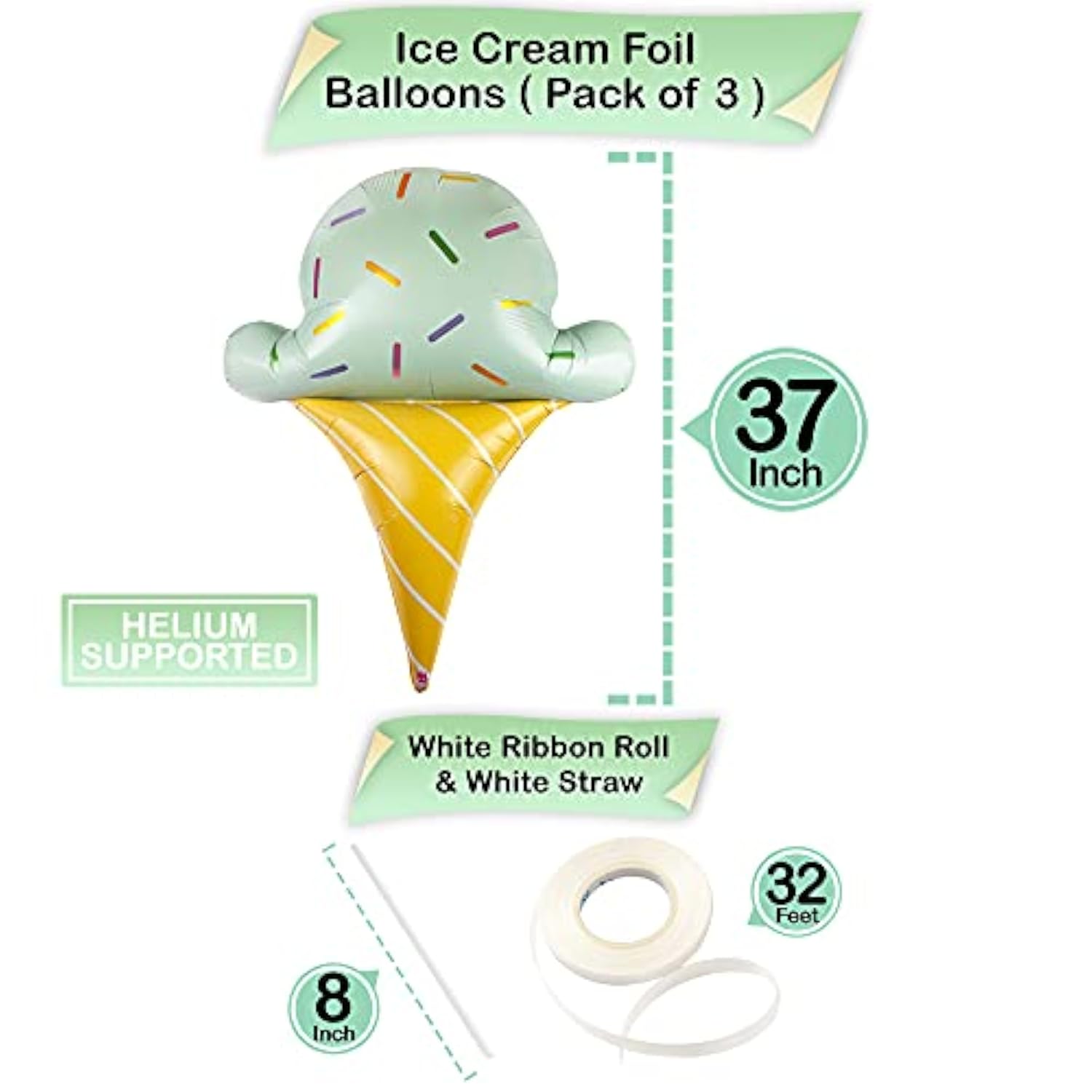 , Giant Ice Cream Balloons - 37 Inch, Pack Of 3 | Ice Cream Cone Balloon For Icecream Birthday Party Decorations | Summer Party Decorations | Baby Shower Decoration, Birthday Decoration