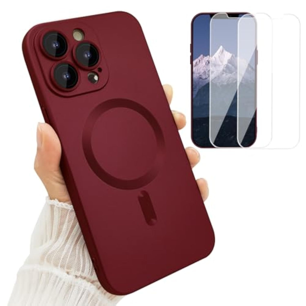 Magnetic Case For Iphone 13 Pro Max Phone Case For Women, [Compatible With Magsafe] Matte Soft Metallic Design With Lens Protectors And 2 Screen Protectors For Iphone 13 Pro Max 6.7"-Wine Red
