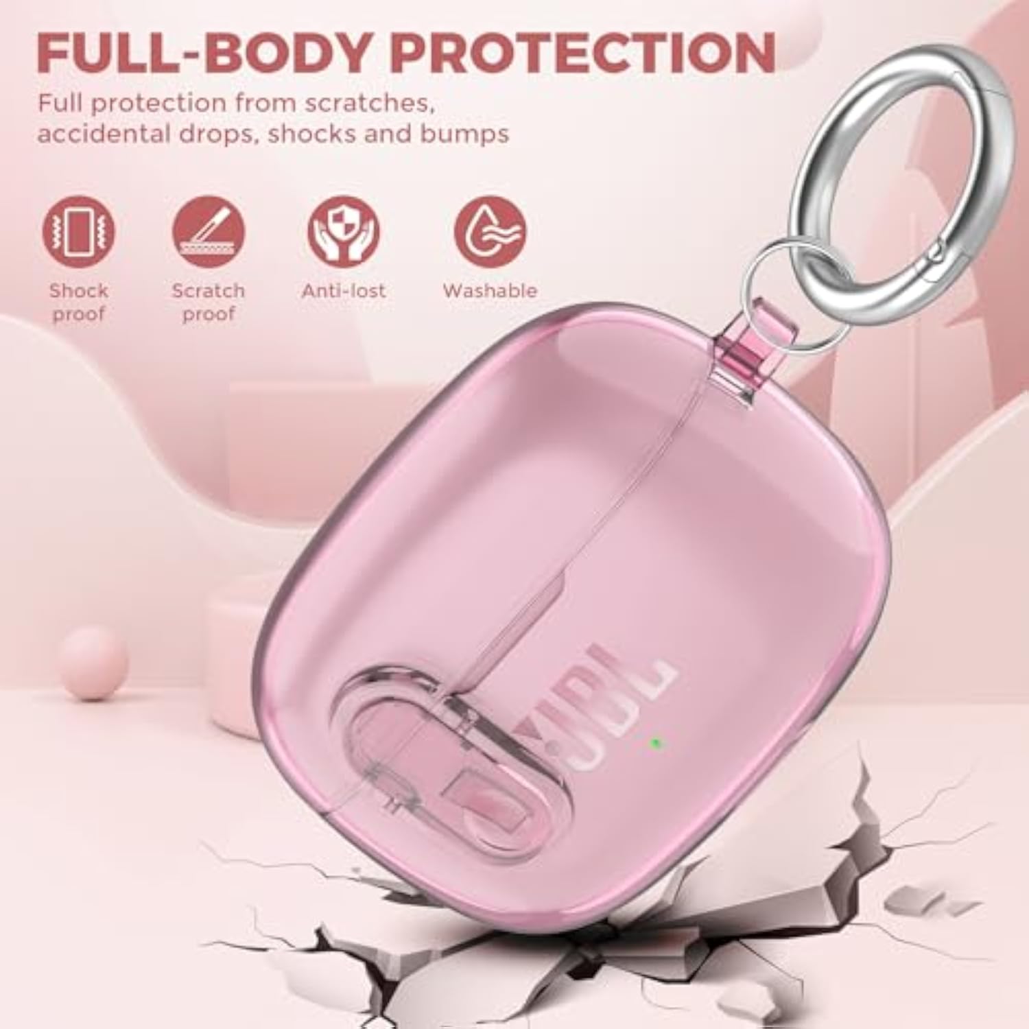 Clear TPU Protective Case with Carabiner for JBL Vibe Beam 2 Charging Case - Compatible with JBL Vibe Beam 2/Beam/Vibe 200TWS - Pink