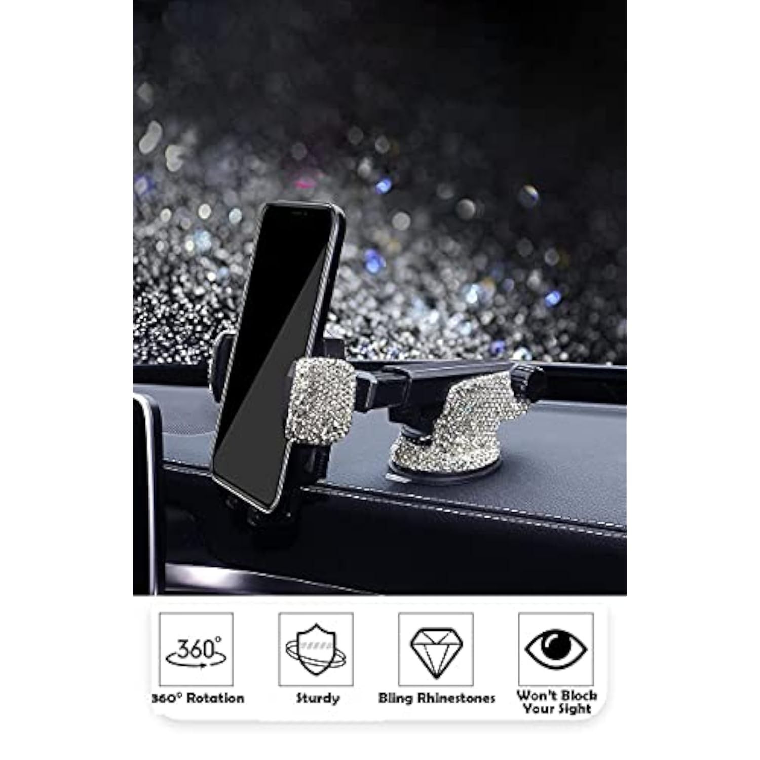 Bling Car Phone Mount Holder,Shiny Crystal Rhinestone Phone Stand For Women And Girls, Car Accessories For Windshield Dashboard,Compatible With Most Cellphones (White)