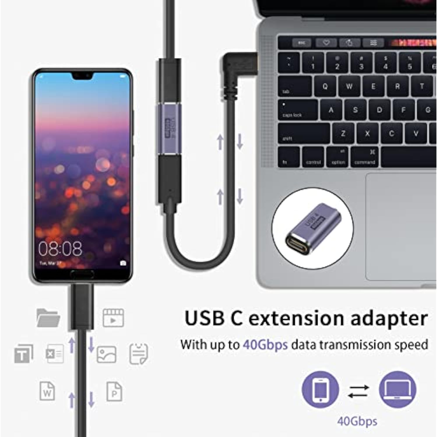 Usb C Extender Adapter (3 Pack), 40Gbps Usb C Coupler, Usb C Male To Female Ad