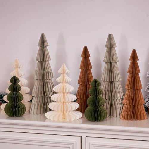 8PCS Paper Christmas Tree, Neutral Christmas Honeycomb Centerpieces, 3D Minimalist Paper Trees Table Decorations for Home Xmas Holiday Party Decor(Gray, Brown, White, Green)
