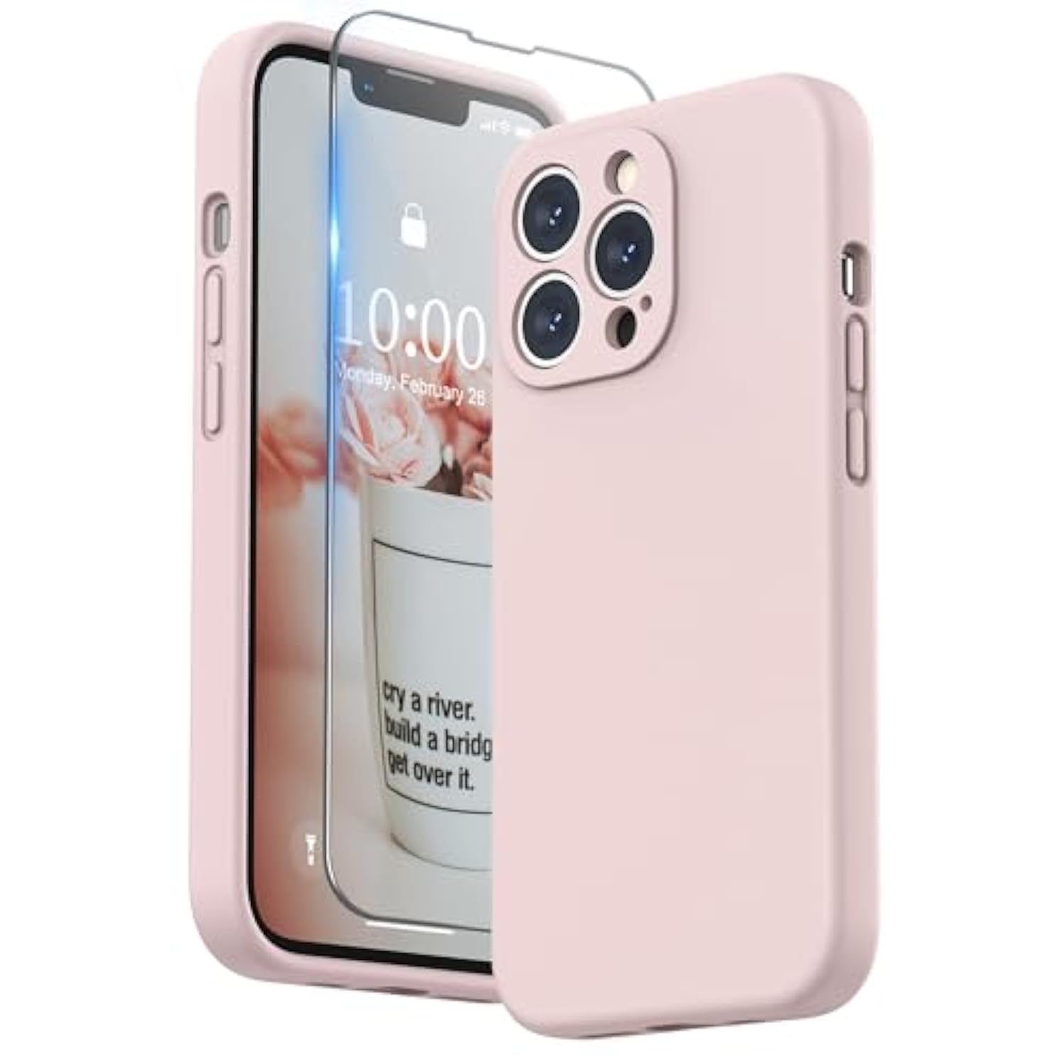 Compatible With 13 Pro Case With Screen Protector, (Camera Protection & Soft Microfiber Lining) Liquid Silicone Phone Case 6.1 Inch 2021, Pink Sand