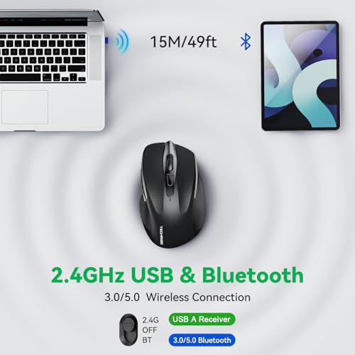 Bluetooth Mouse (Bt5.0/3.0 & 2.4G) Rechargeable Wireless Mouse, 4800 Dpi Optical Tracking, 6 Adjustable Dpi, 2.4Ghz With Usb A Receiver, Quiet Clicks, Ergonomic Grips, 6 Buttons - Black