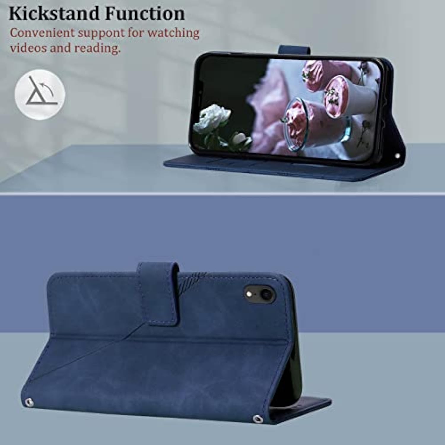 Compatible For Iphone Xr Wallet Case,[Kickstand][Wrist Strap][Card Holder Slots] Tpu Interior Protective Pu Leather Folio Flip Cover For Iphone Xr Case Wallet (Blue)