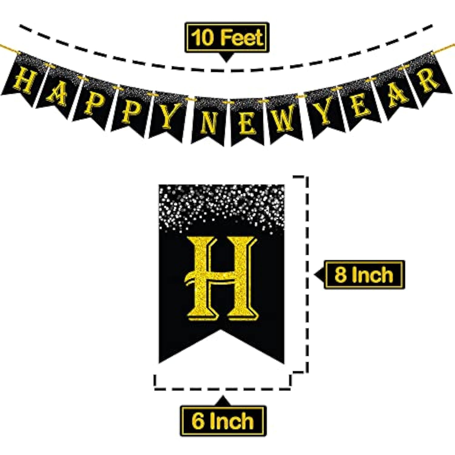 10 Ft Black Gold Happy New Year Banner 2026 for Party and NYE Decorations