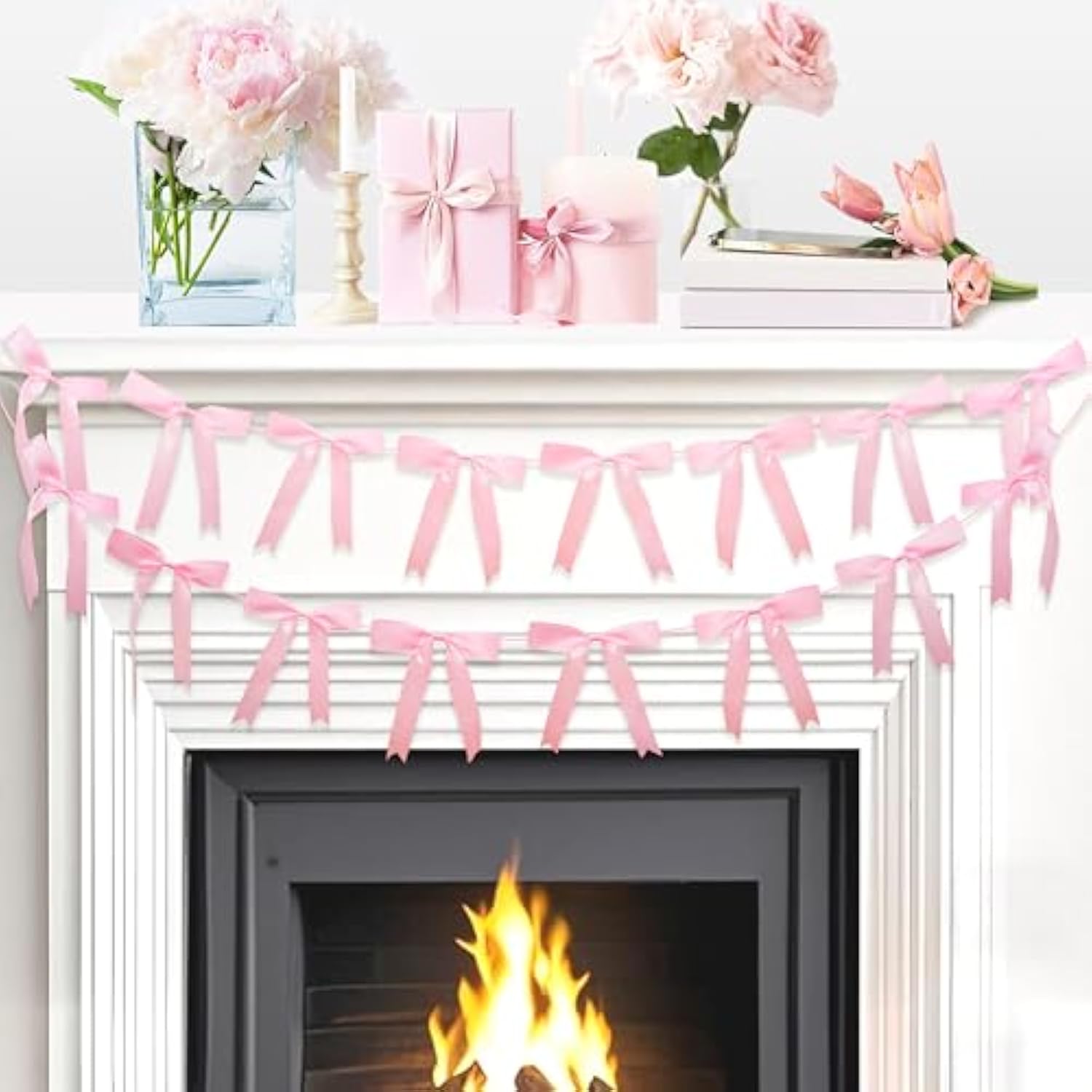 2Pcs Pink Bow Garland Banner, Satin Ribbon Decorations For Coquette Theme Birthday And Bridal Shower Party Decor (Bow)