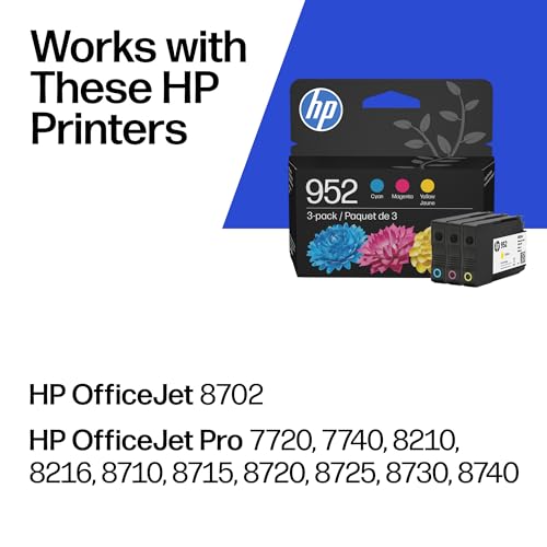 952 Cyan, Magenta, Yellow Ink Cartridges (3-Pack) | Works With Printer Series: Officejet 8702, Officejet Pro 7720, 7740, 8210, 8710, 8720, 8730, 8740 | Eligible For Instant Ink | N9K27An