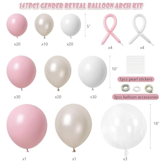 Pink Bow Balloons Arch Kit 147Pcs Coquette Birthday Decorations Pink And White Balloon With Double-Stuffed Peal White Sand Long Bobo Balloon For Girls Baby Shower Coquette Birthday Party Decorations