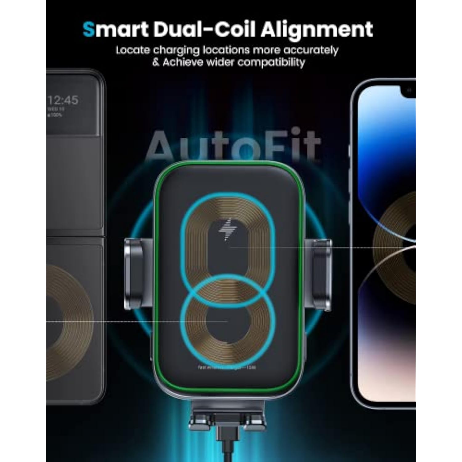 Dual Coil Wireless Car Charger Auto Clamping 15W Cup Holder Phone Wireless Charger Mount Fast Charge Tri-Pivots Height Adjustable Phone Holder Car Truck For Iphone 16 15 14 13 Samsung Lg Etc.