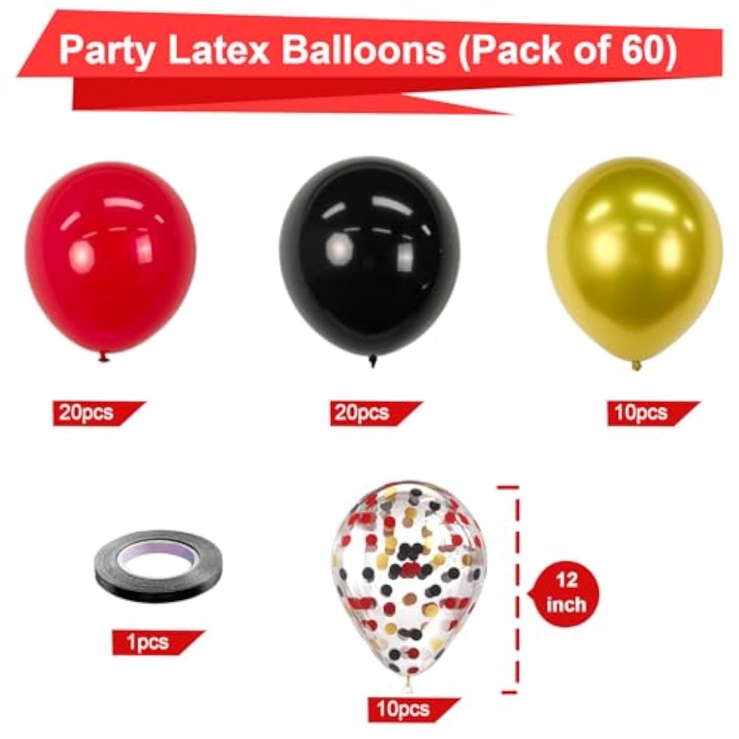 60Pcs Red Black Gold Latex Balloons 12in Metallic Confetti Party Decorations