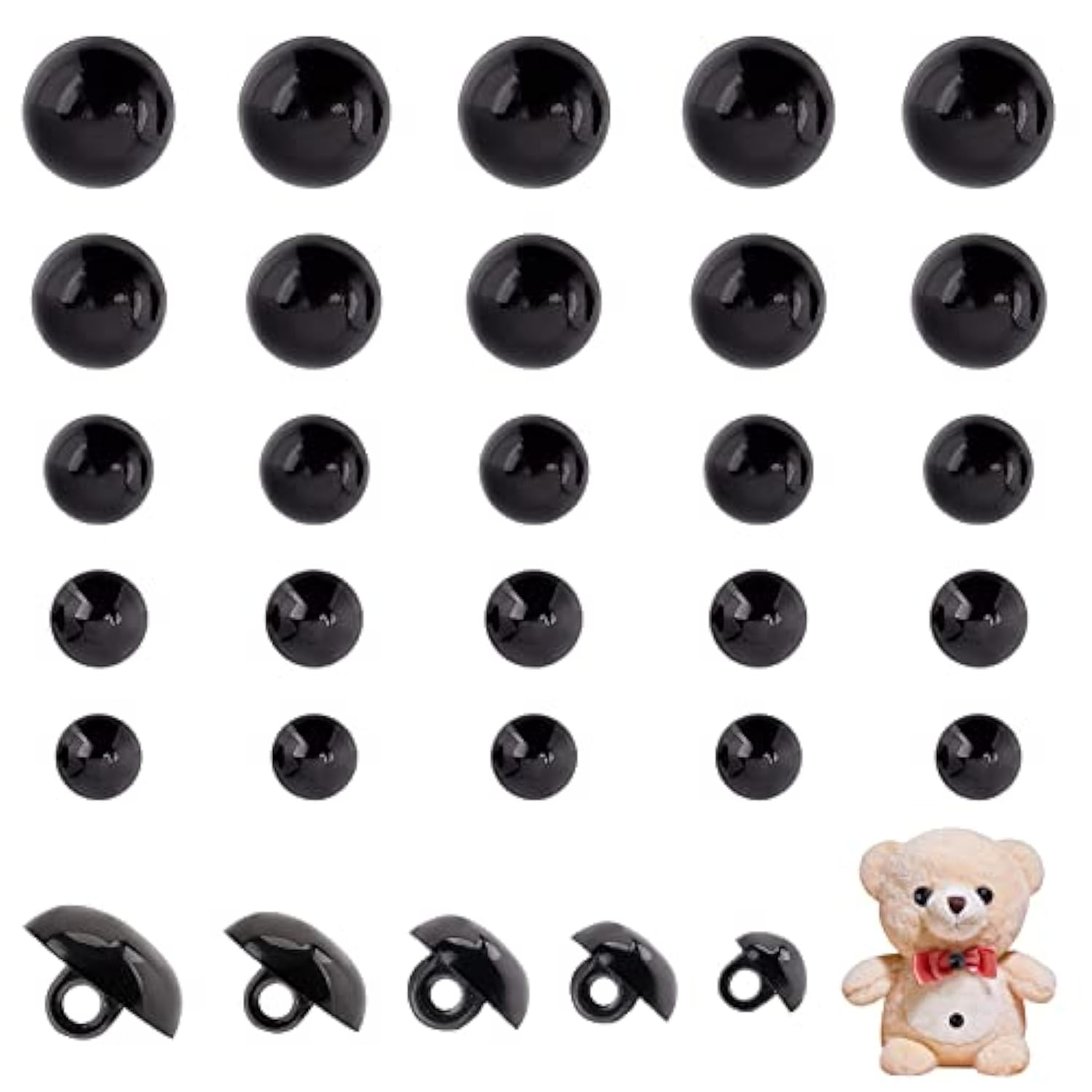 300Pcs Black Crafts Eyes, 5 Sizes Animal Eyes Round Domed Buttons Blac