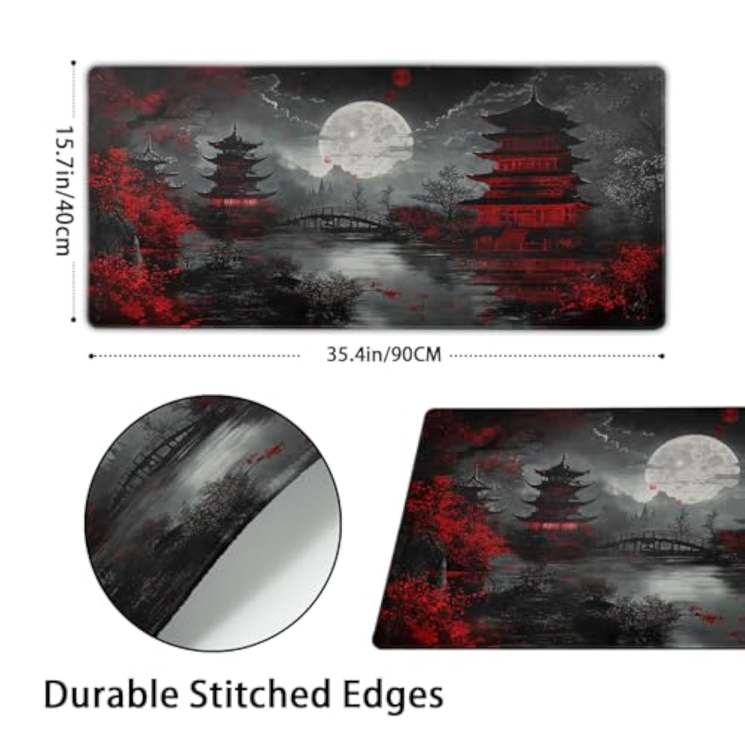 Japanese Mouse Pad Xxl 35.4 X 15.7 Inch Black Red Design Style Extended Large Gaming Mousepad Keyboard Full Desk Mat Non-Slip Rubber Base Stitched Edges For Home Office