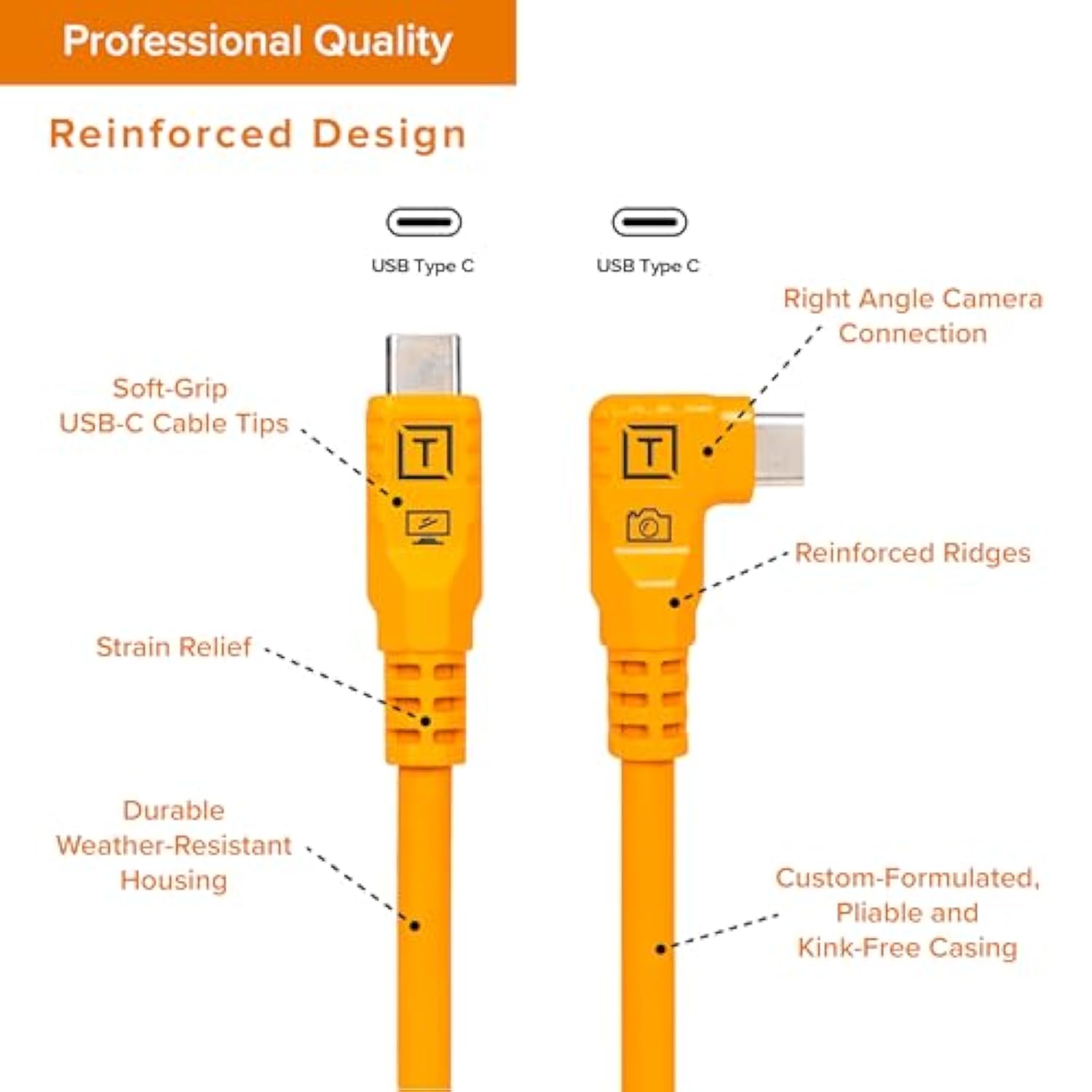 TetherPro Optima 10Gbps Gen 2 USB-C, 10' (3m), Straight to Right, High-Visibility Orange | Not Compatible with Fuji GFX Models