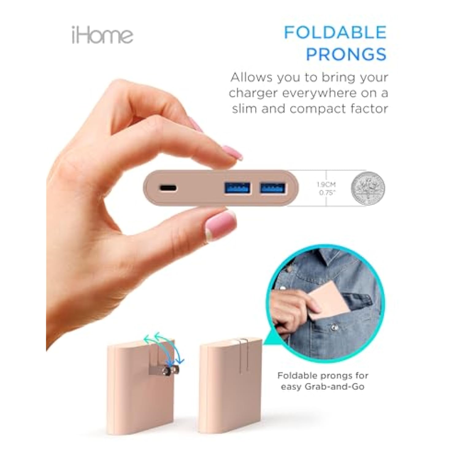 iHome 32W AC Pro Multi Port USB Wall Charger Block - Charging Station for Multiple Devices with 3 Ports (1 USB-C, 2 USB-A) - Fast Charging, Universal Compatibility (Pastel Pink)