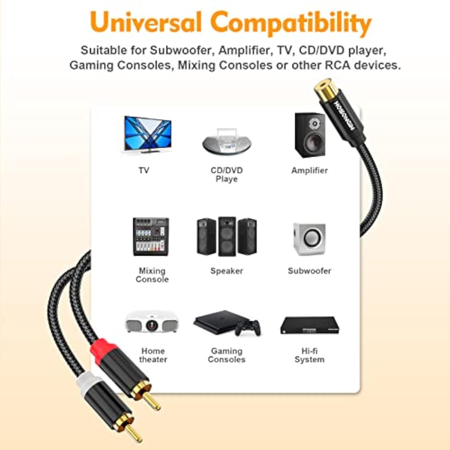 1Ft Rca Splitter 1 Female To 2 Male Y Adapter 2 Pack, Short Rca Audio Speaker