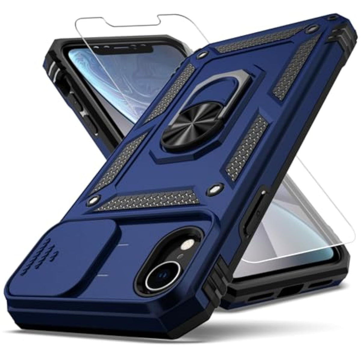 For Iphone Xr Case,With Camera Lens Cover Hd Screen Protector,[Military Grade] Ring Car Mount Kickstand Hybrid Hard Pc Soft Tpu Shockproof Protective Case For Iphone Xr-Blue