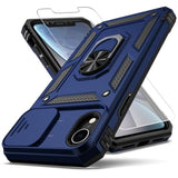 For Iphone Xr Case,With Camera Lens Cover Hd Screen Protector,[Military Grade] Ring Car Mount Kickstand Hybrid Hard Pc Soft Tpu Shockproof Protective Case For Iphone Xr-Blue