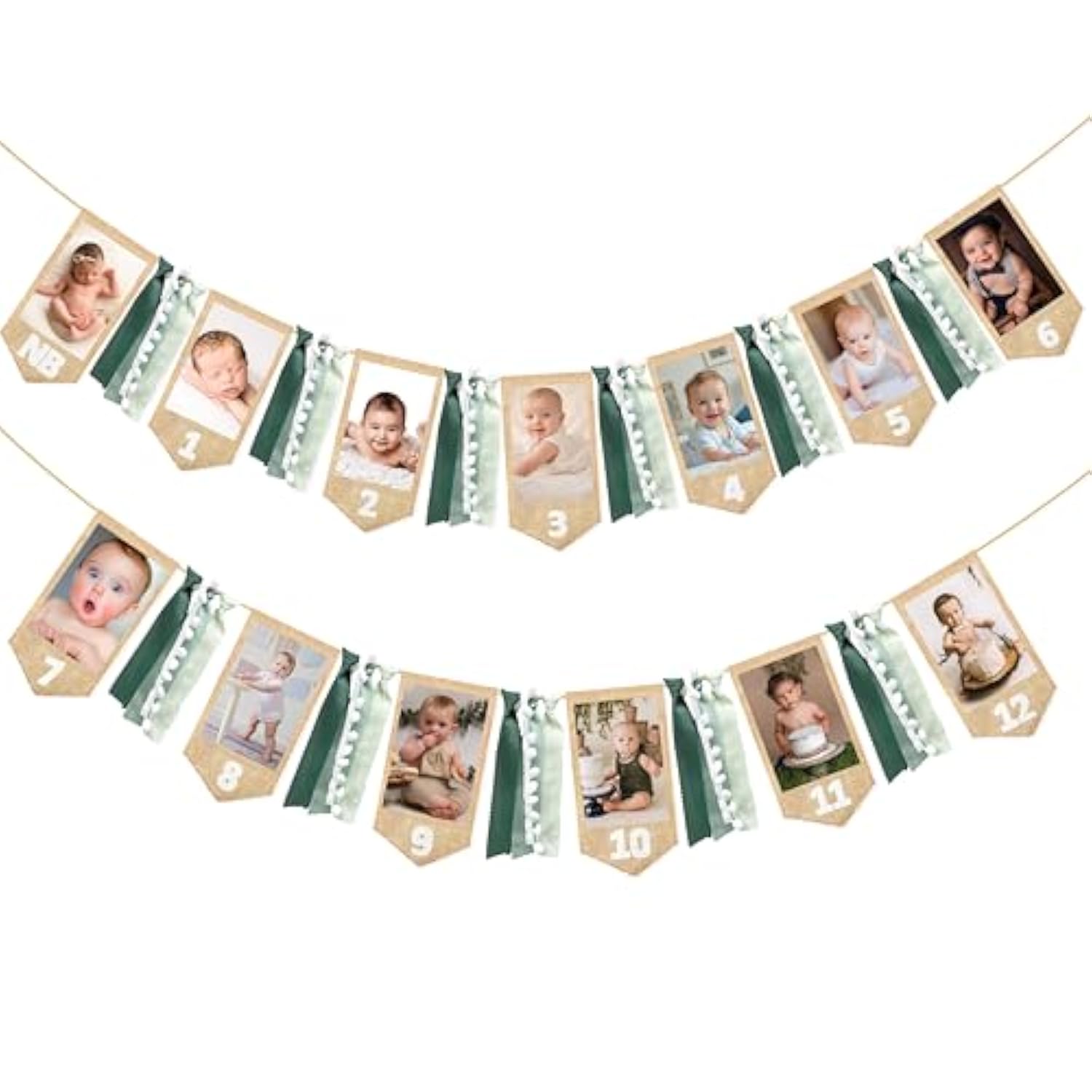 1St Birthday Burlap Photo Banner Garland Handmade Felt From Newborn To 12 Months With Gradient Sage Green Ribbon For Baby Boy Girl Monthly Milestones First Birthday Party Decoration Supplies