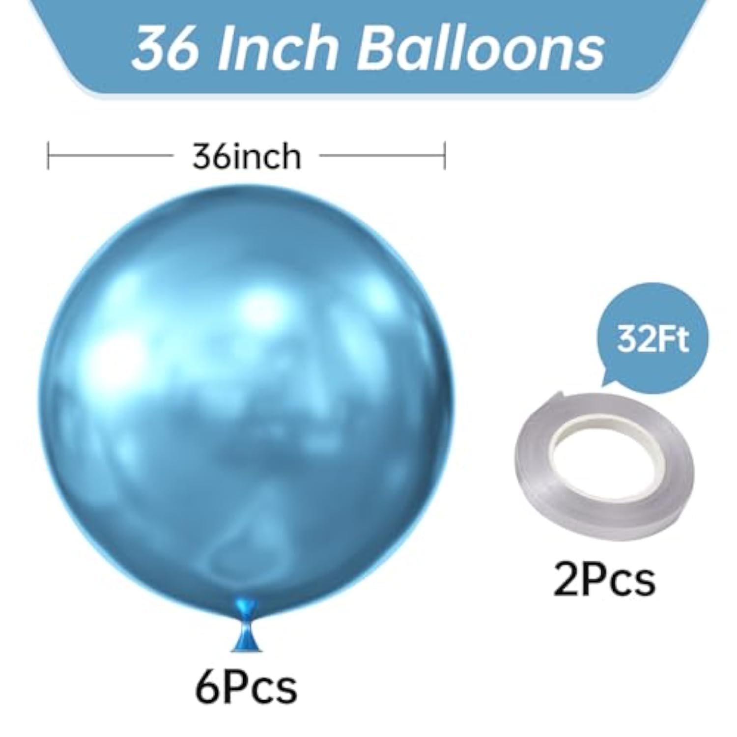 36 Inch Giant Metallic Blue Balloons, 6 Pack Large Round Blue Latex Balloons For Anniversary, Birthday, Christmas, Wedding, Baby Shower Party Decorations
