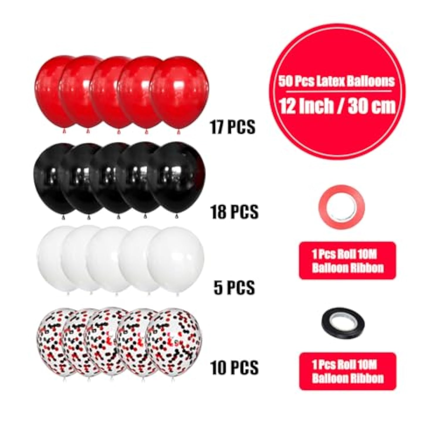 50pcs Black Red White 12 Inch Latex Balloons Confetti Party Decorations