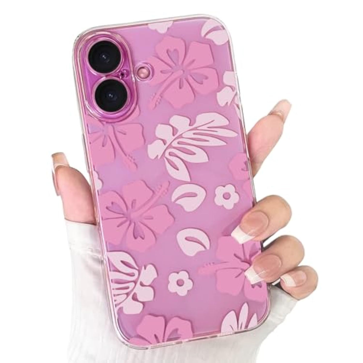 Compatible With Iphone 16 Case Cute Clear Aesthetic Floral Flower Hibiscus Pattern For Girls Women Soft Tpu Full Camera Lens Shockproof Protective Phone Cover - Pink