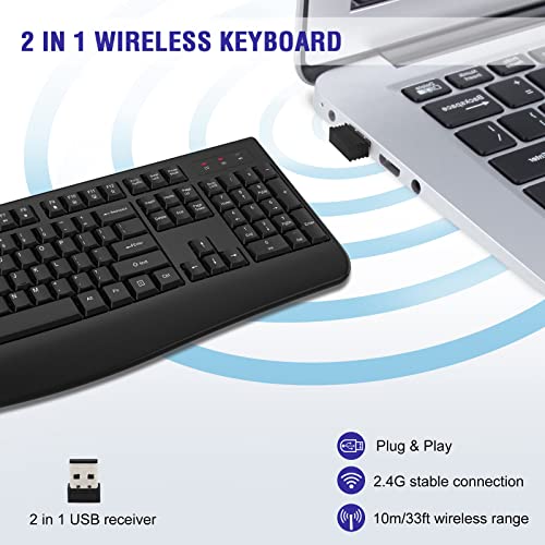 Wireless Keyboard, 2.4G Full-Sized Ergonomic Wireless Computer Keyboard With Wrist Rest For Windows, Mac Os Laptop/Pc/Desktop/Notebook(Black)