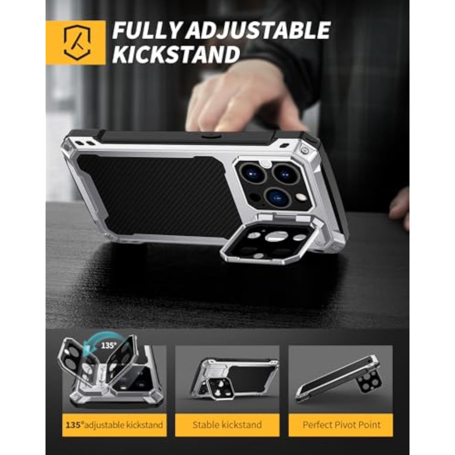 Heavy Duty Metal Case for iPhone 15 Pro Max with Built-in Camera Kickstand and Glass Screen Protector, Silver