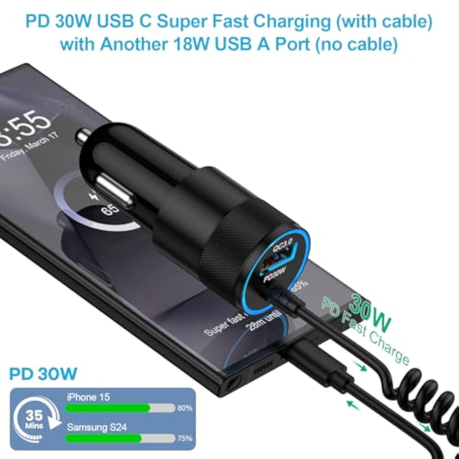 For Iphone 16E 17 Pro Max Air, Fast Car Charger Adapter For Iphone 16E, 16, 16 Pro Max, 16 Pro, 16 Plus, 15 Series, Car Adapter Plug With 2.8Ft Coiled Cable