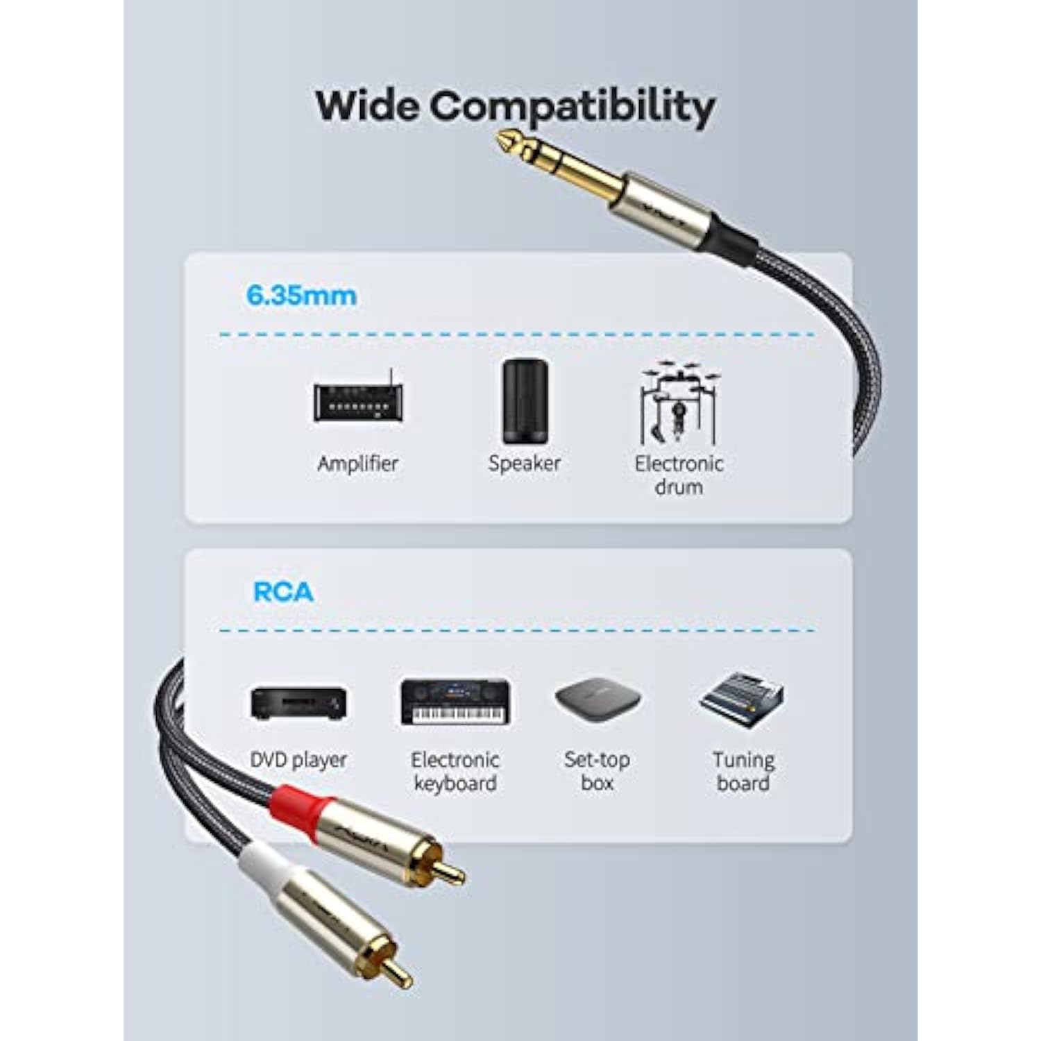 1/4 To Dual Rca Audio Cable, Gold Plated Copper Shell Heavy Duty 6.35Mm Quarte