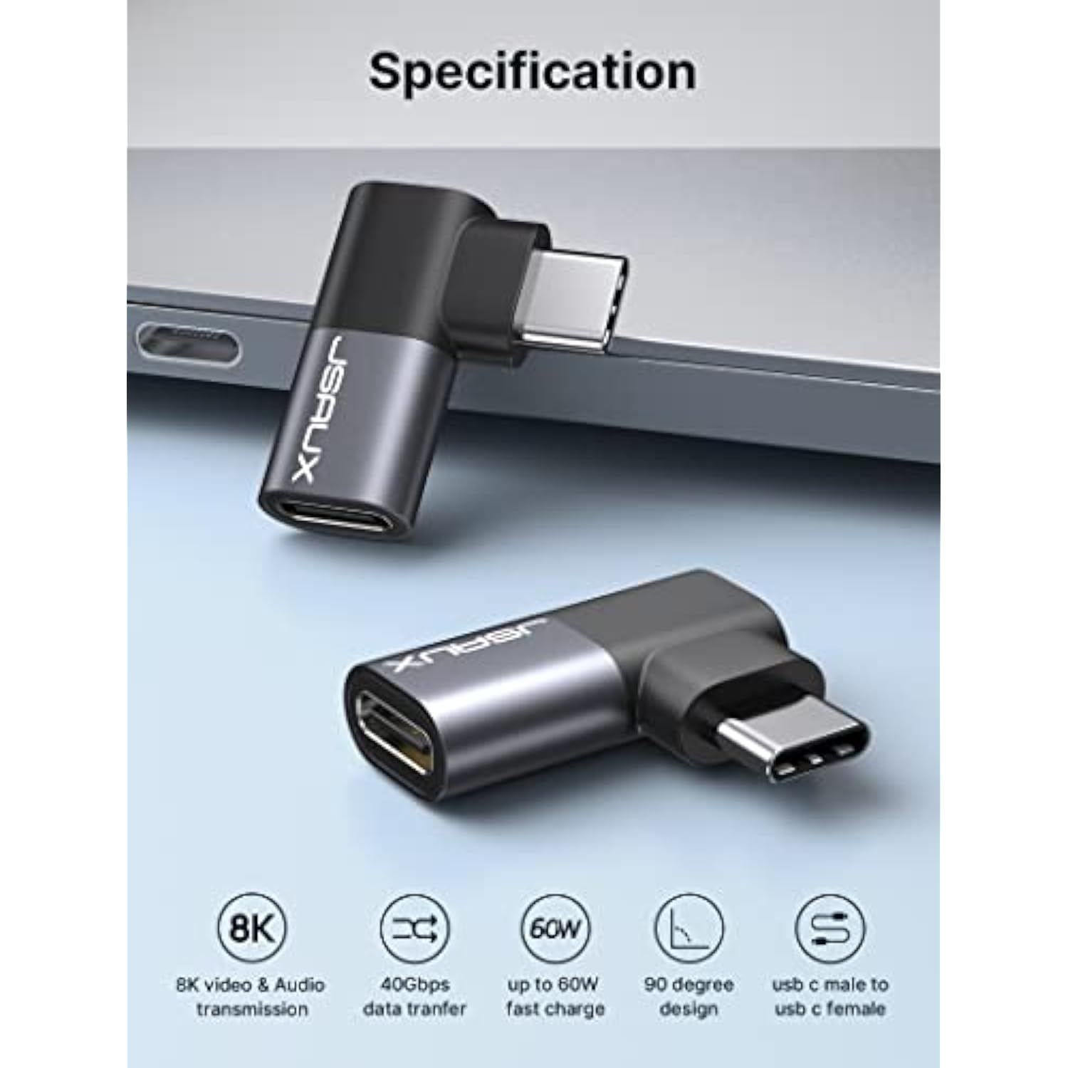 90 Degree Right Angle Usb-C Male To Usb-C Female Adapter, 2-Pack 40Gbps Data T