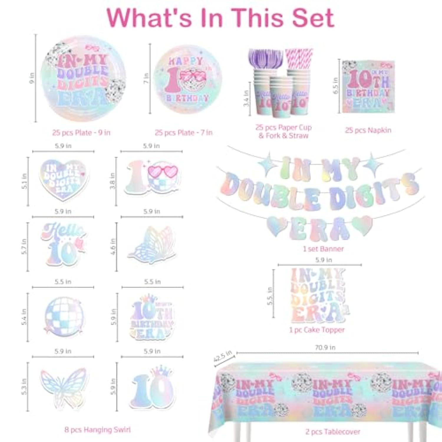 10th Birthday Party Tableware Set: "In My Double Digits Era" - Serves 25