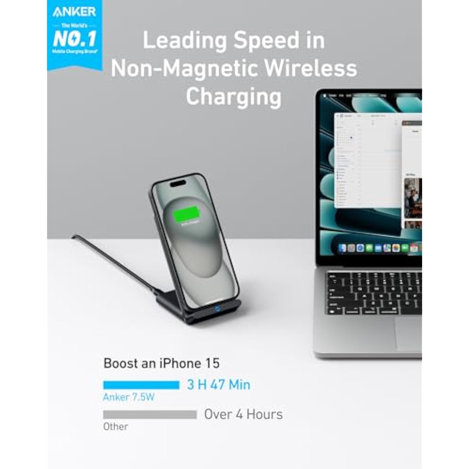 Anker 313 Wireless Charging Stand, Qi-Certified for iPhone 16/16 Pro/16 Pro Max/15/14/13, 10W Fast Charging for Galaxy S23/S22/S21 (No AC Adapter)