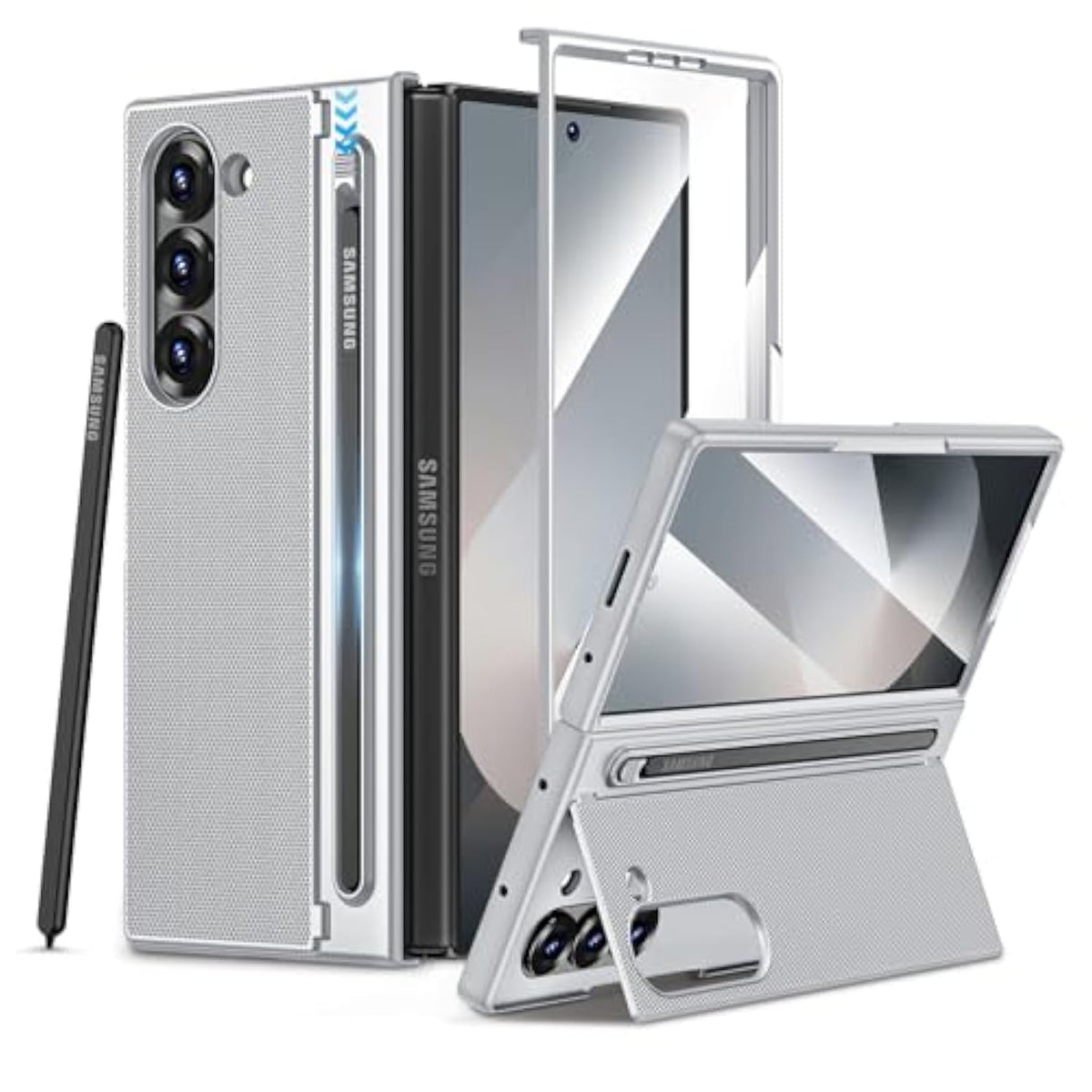 For Galaxy Z Fold 6 Case, With Built-In Screen Protector And Kicktand & S Pen Holder Support Wireless Charging Protective Phone Cover, Silver