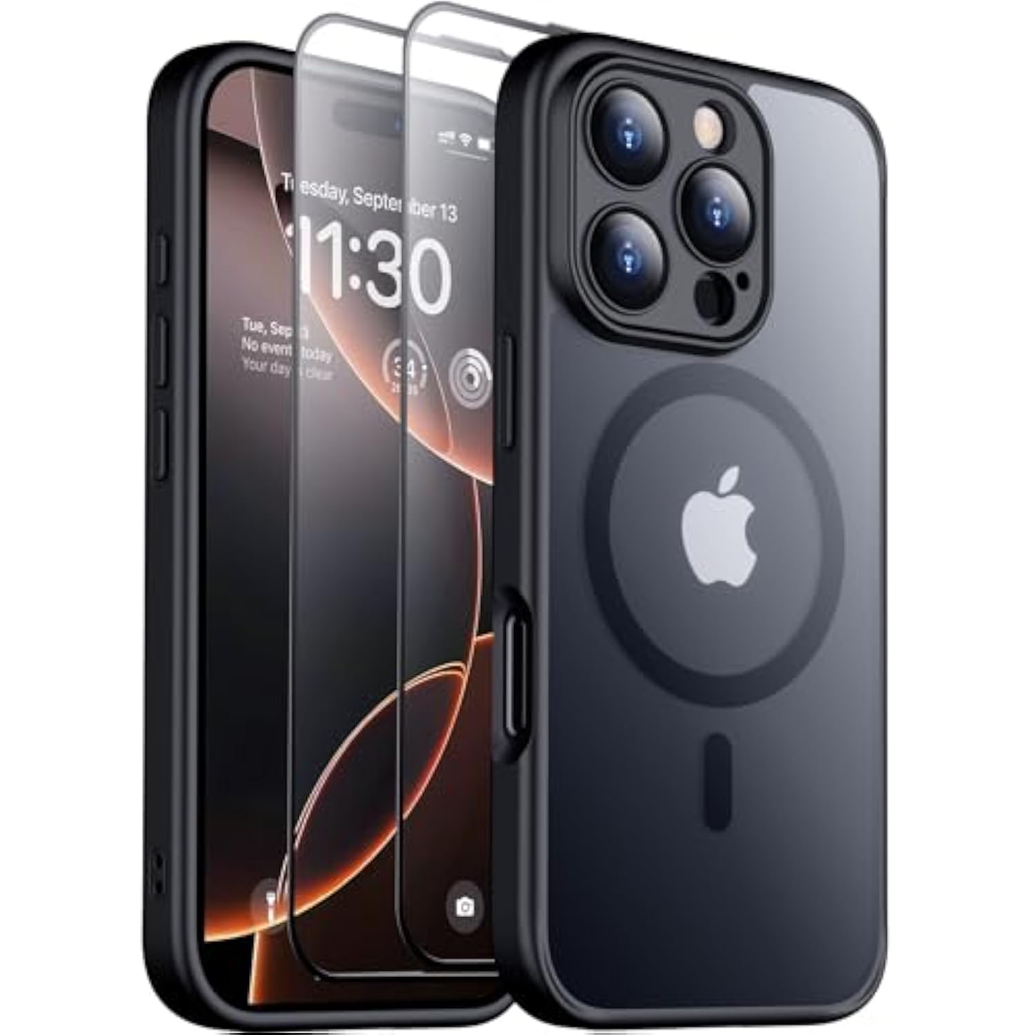 Magnetic For 16 Pro Max Case, Translucent Matte [2Pcs Tempered Glass Screen Protector] Cell Phone Home Button Stickers Phone Case,Black