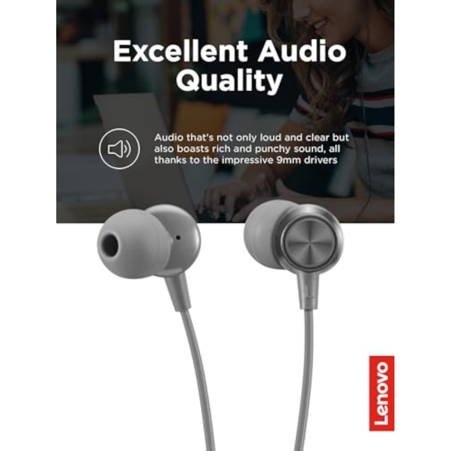 Lenovo - 300 Wired in-Ear USB-C Headphones - in-Line Microphone - USB-C Connectivity - Play & Pause Button - 3 Sizes Silicone Ear Tips Included, Grey