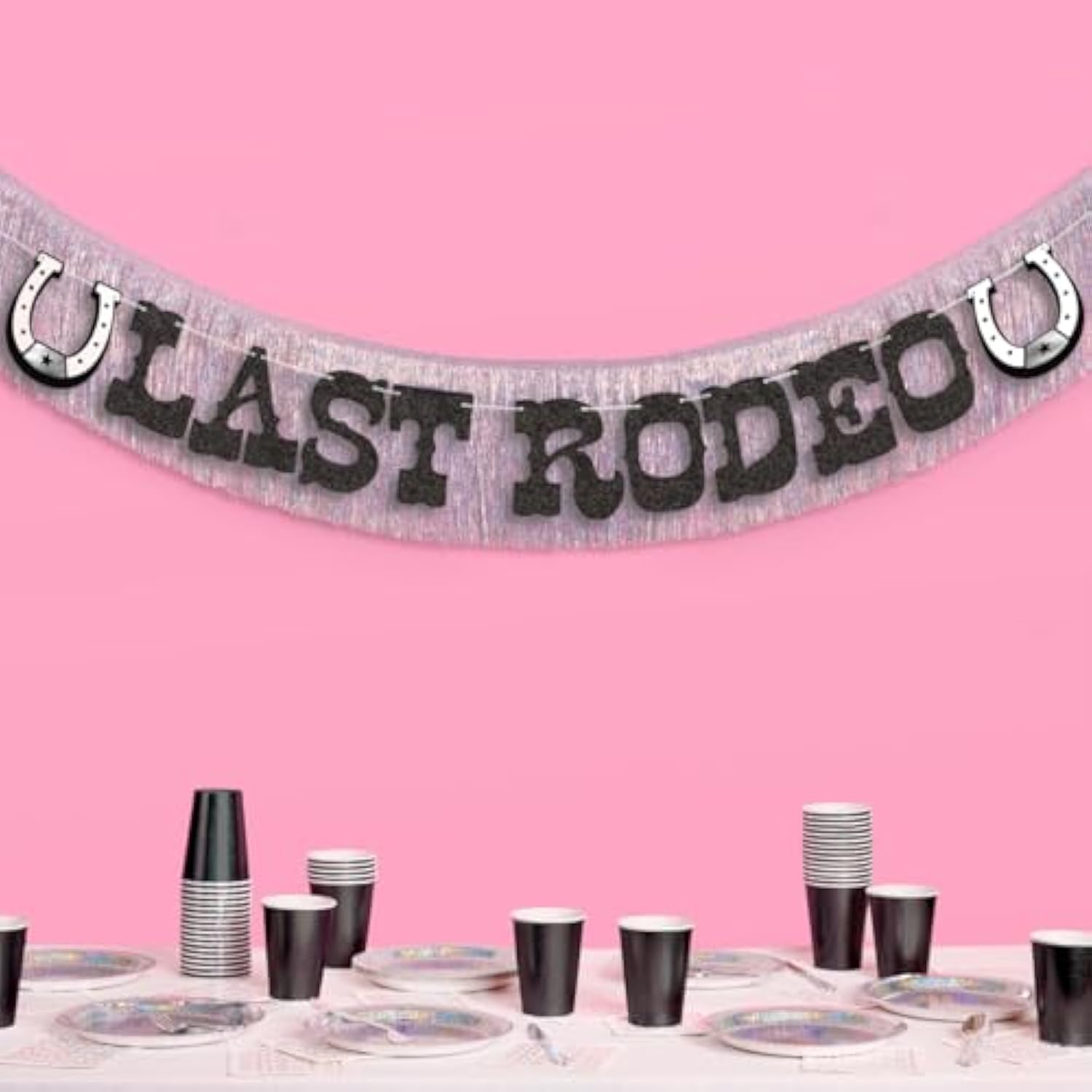 Last Rodeo Fringe Banner Black Glitter Silver Iridescent 5.5Ft Western Bachelorette Decor
