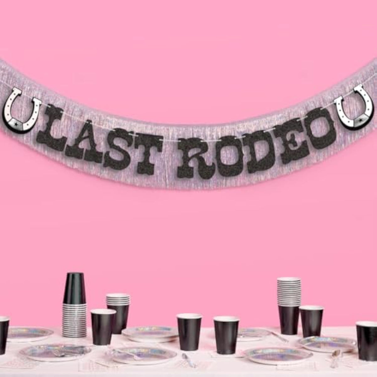 Last Rodeo Fringe Banner Black Glitter Silver Iridescent 5.5Ft Western Bachelorette Decor