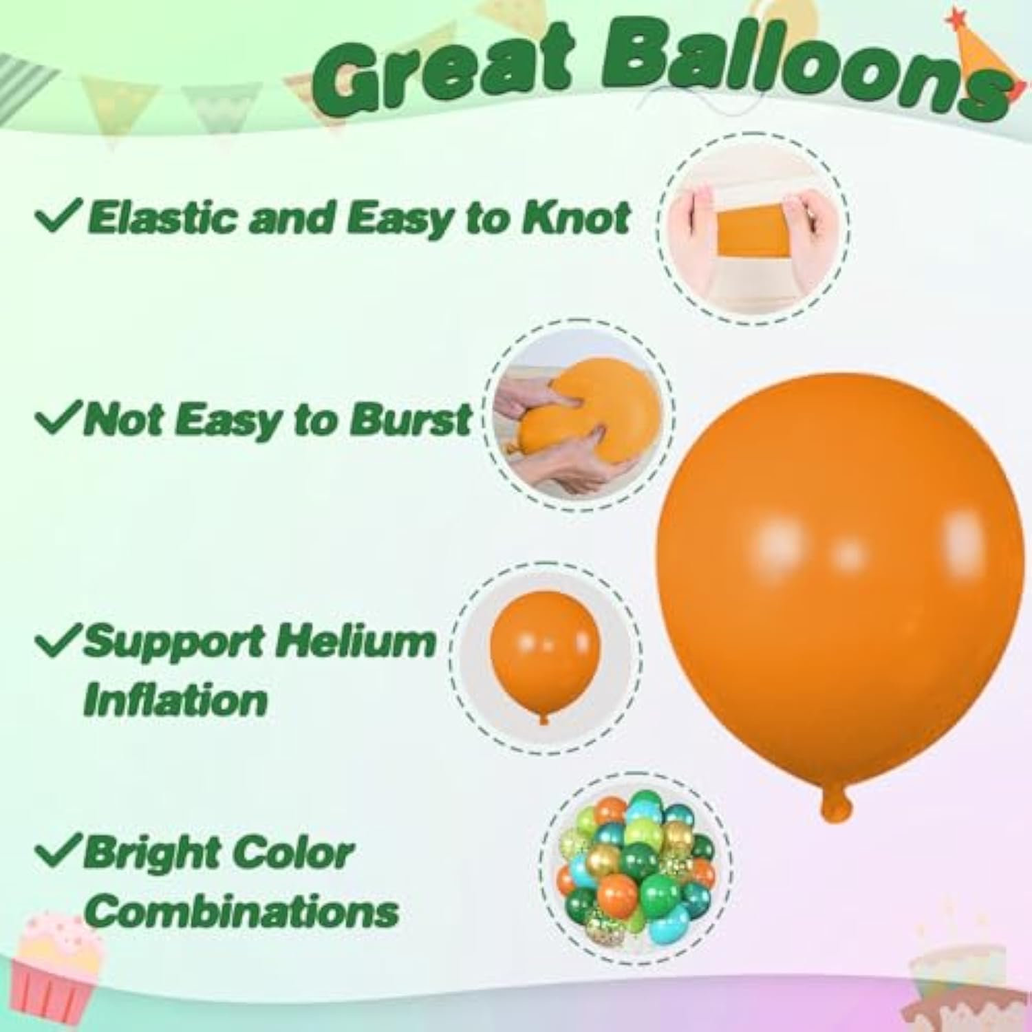 Dinosaur Balloons, 12 Inch Dark Green Teal And Orange Balloons, Metallic Gold Fruit Green Gold Confetti Balloon With Ribbons For Boys Baby Shower Jungle Safari Birthday Party Decorations