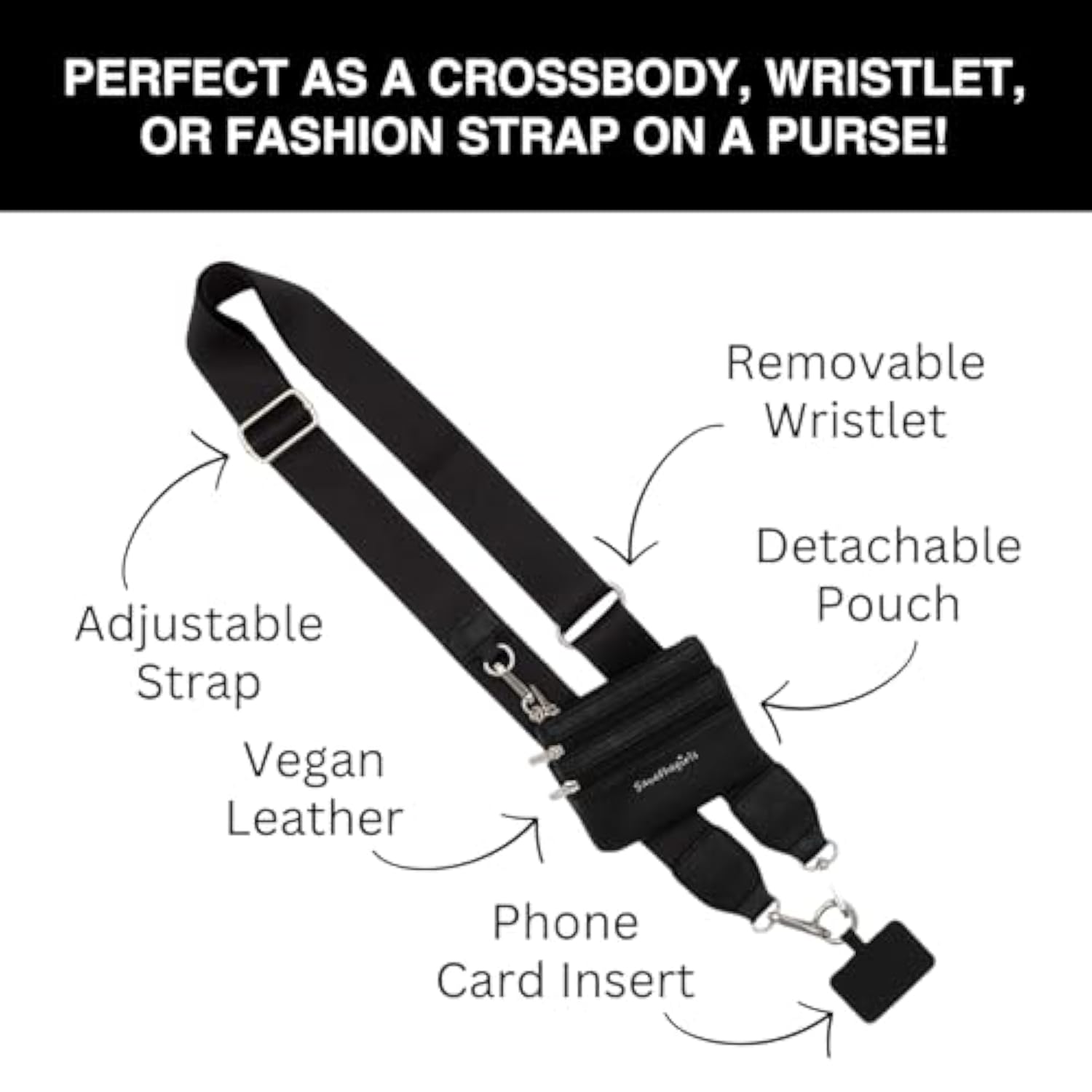 Clip And Go Phone Strap Solid (Black - Black Pouch) - Crossbody Phone Strap Chain With Zipper Wallet Pouch – Phone Lanyard