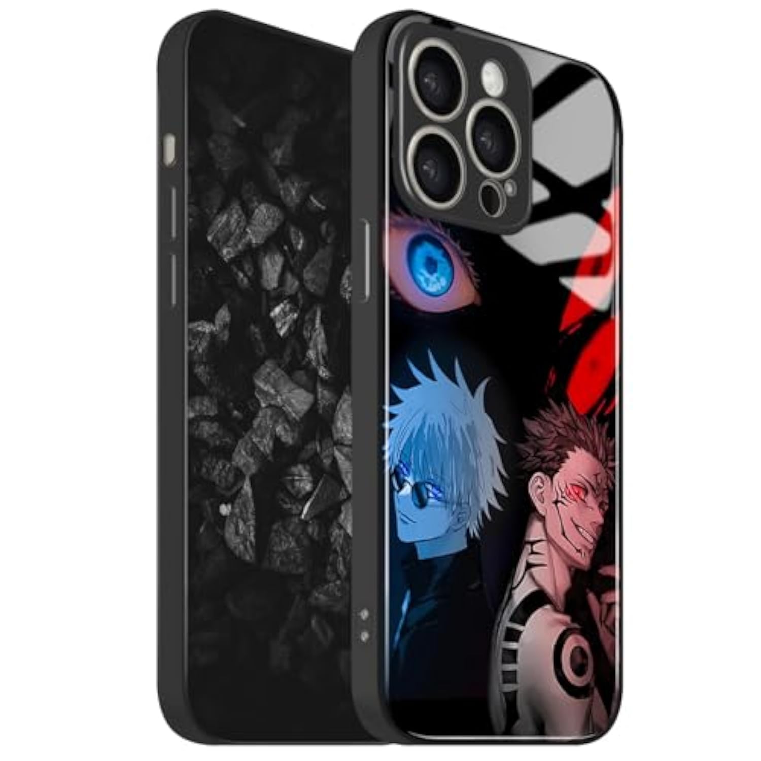 Satoru-Gojo And Ryomen Sukuna Anime Glossy Glass Creative Phone Case, Manga Pattern, Black Soft Silicone Shell For Iphone 16 Pro Max