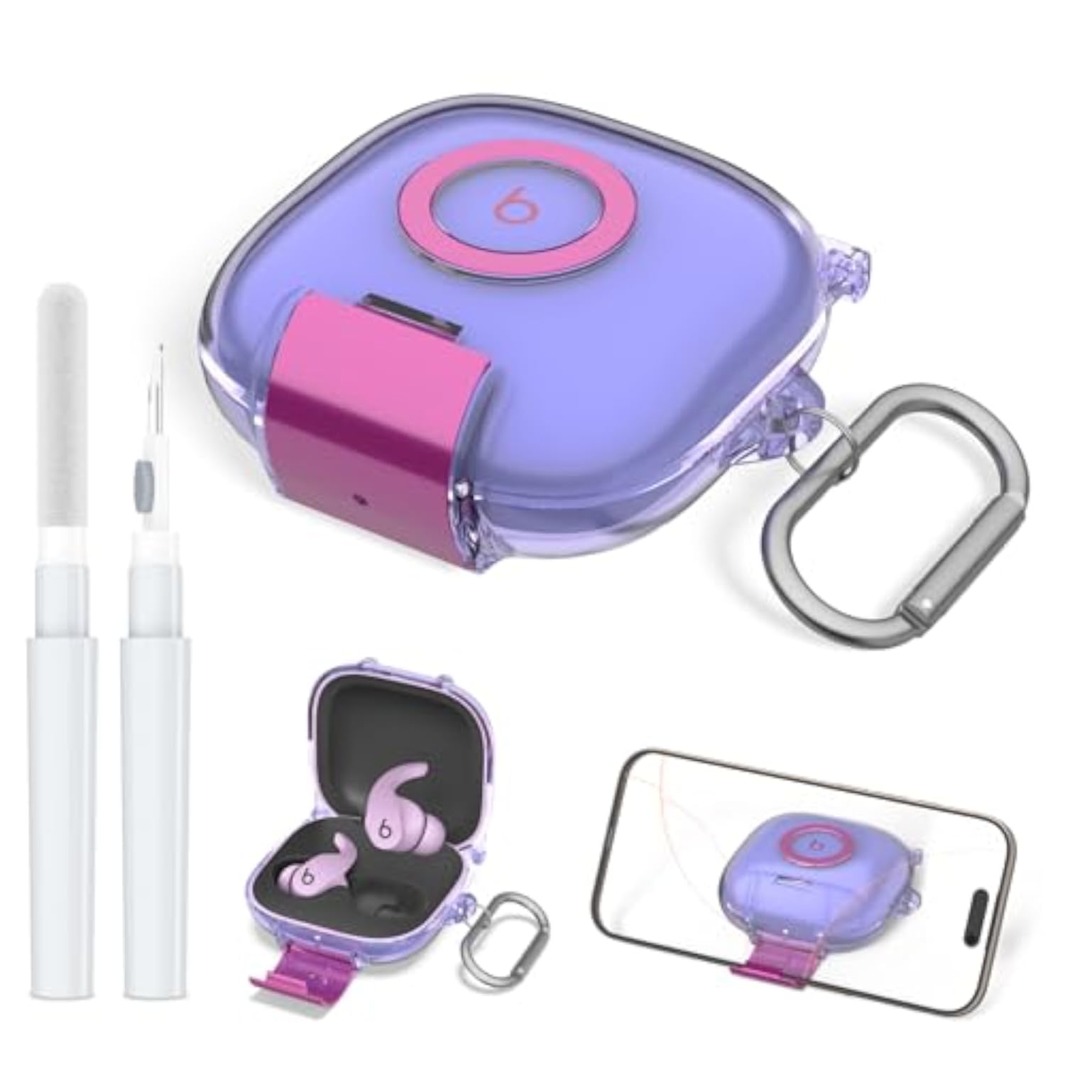 Beats Fit Pro Clear Case with Secure Lock and Phone Stand, Compatible with 2021 Beats Fit Pro Earbuds Accessories with Cleaner Kit & Keychain (Purple)