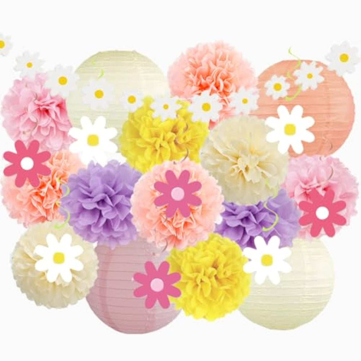 Spring Party Decorations Pastel Daisy Party Decorations Boho Rainbow Daisy Flower Hanging Swirls Poms Lanterns Pink Peach Banner White For Birthday Women Girl Baby Shower Bridal Shower Wedding