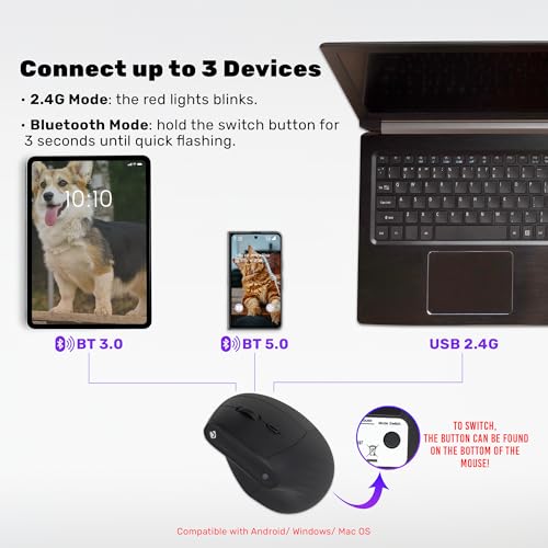 Wireless Mouse, Vertical Ergonomic Mouse With 2.4G Wireless & Bluetooth For 3 Multi-Device Function, Adjustable Dpi Modes, Compatible With Pc, Mac, Laptop - Black