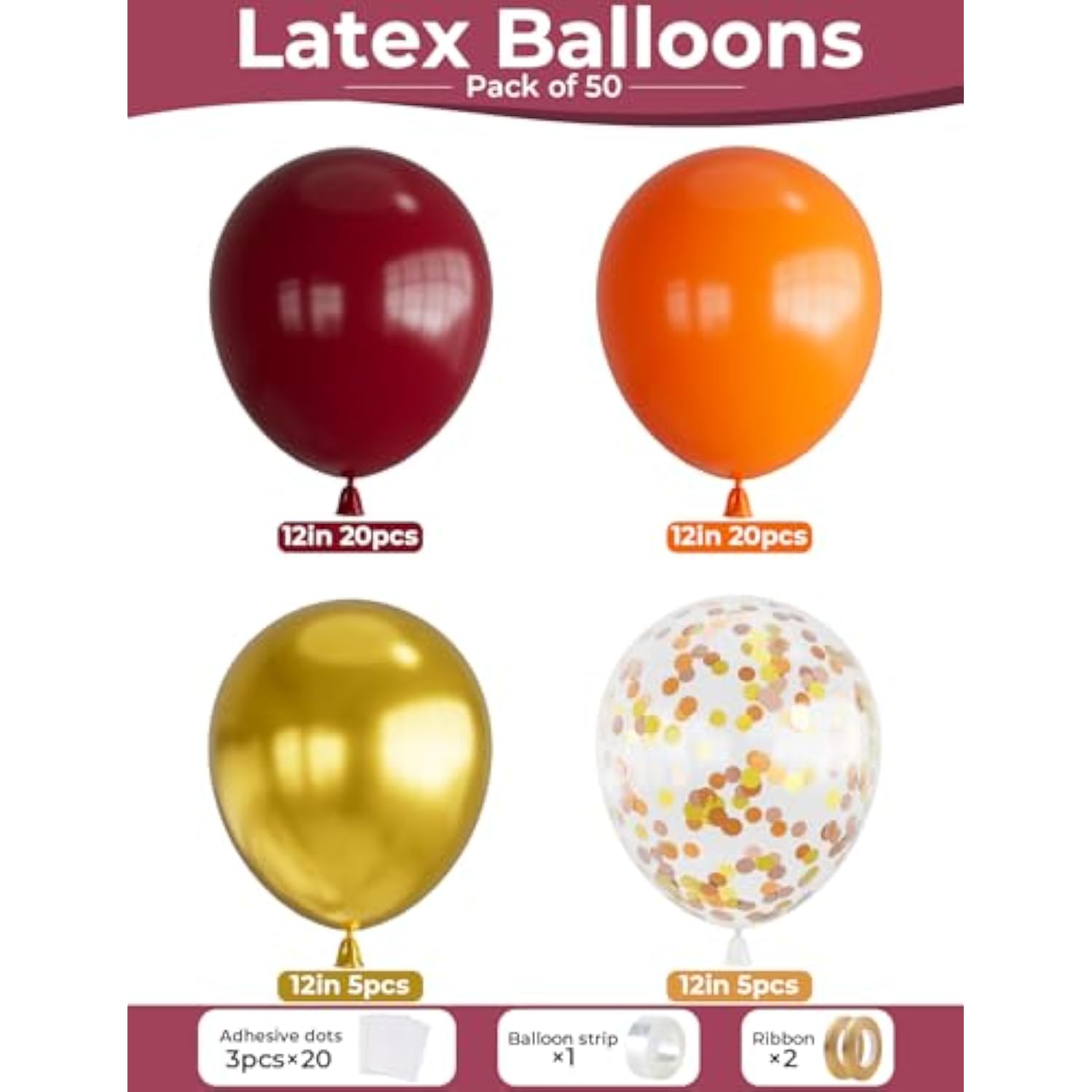 50pcs Fall Balloons 12 Inch Burgundy Orange Gold Confetti Balloons for Thanksgiving Party