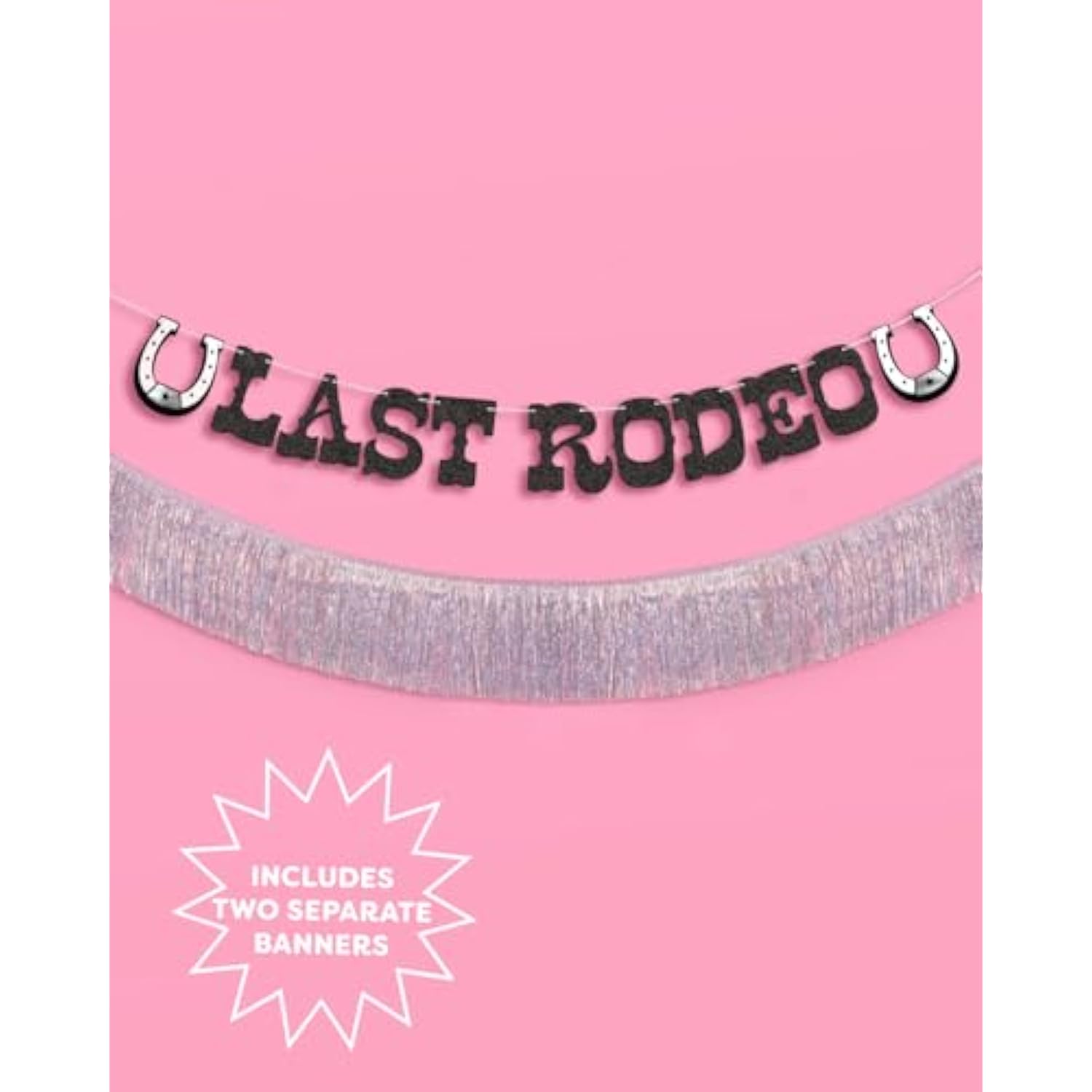 Last Rodeo Fringe Banner Black Glitter Silver Iridescent 5.5Ft Western Bachelorette Decor
