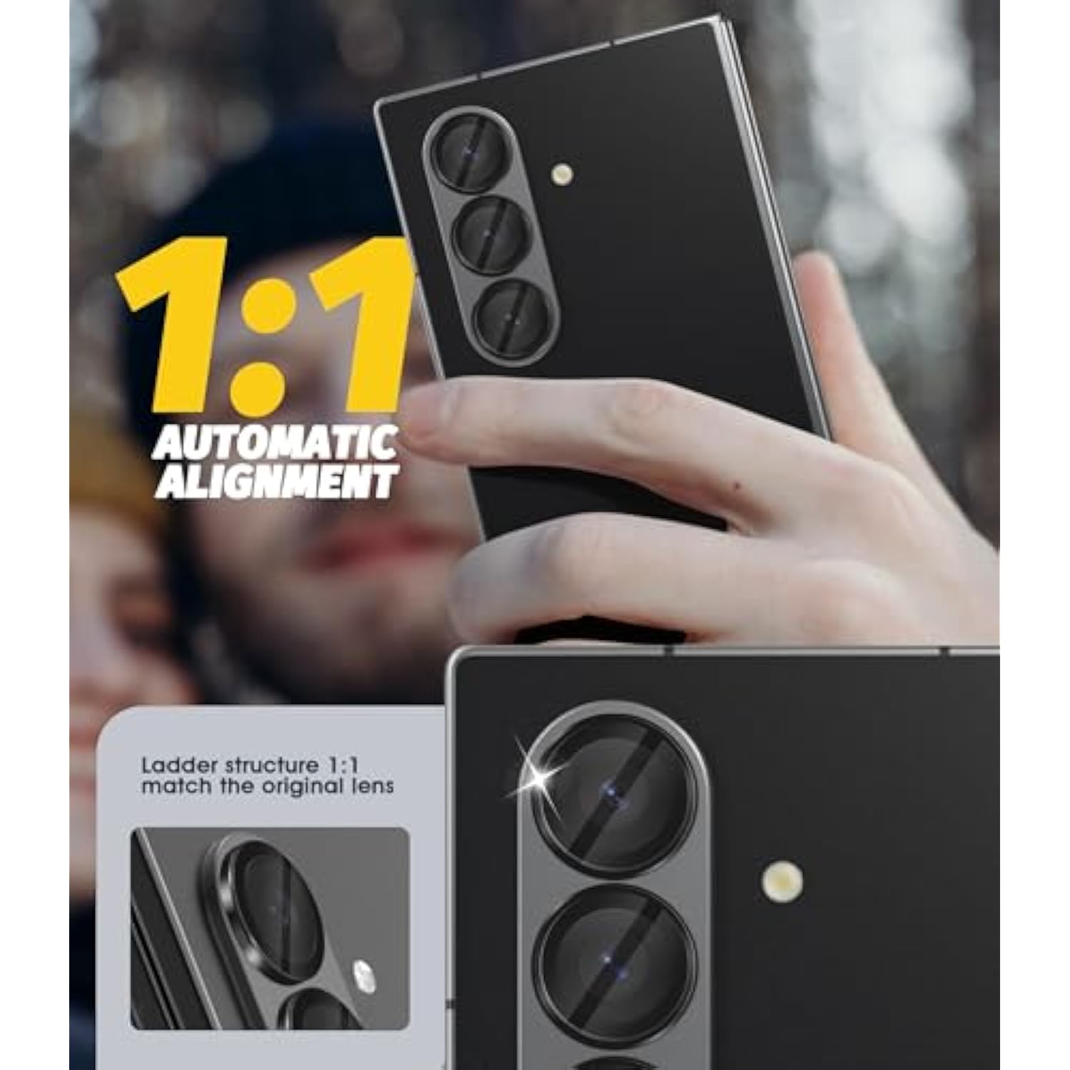 (2 Sets) Camera Lens Protector Compatible For Samsung Galaxy Z Fold 7, Protector De Cámera One-Step Installation Tray Individual Alloy Metal Ring Glass Case Friendly - Black