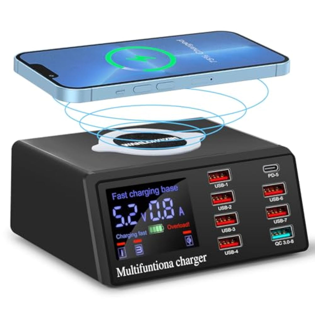 100W 8-Port Usb Qi Wireless Charging Station, Qc3.0/Pd Fast Charge For Phones Tablets Usb Tools, Multi-Device Smart Ic Desktop Organizer Hub