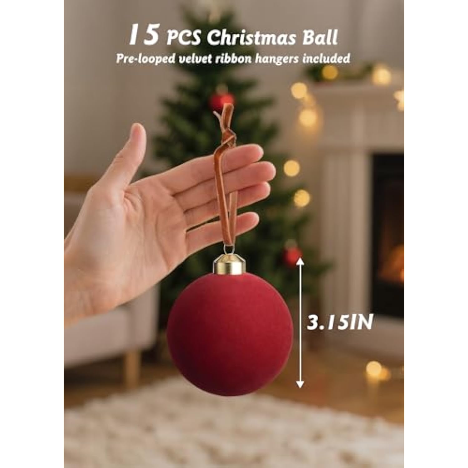 15 Pcs Red Velvet Christmas Balls, 3.15 Inch Velvet Ornaments For Christmas Tree, Christma Tree Flocked Ornaments Balls For Family Holiday Wedding Party Xmas Hanging Decoration